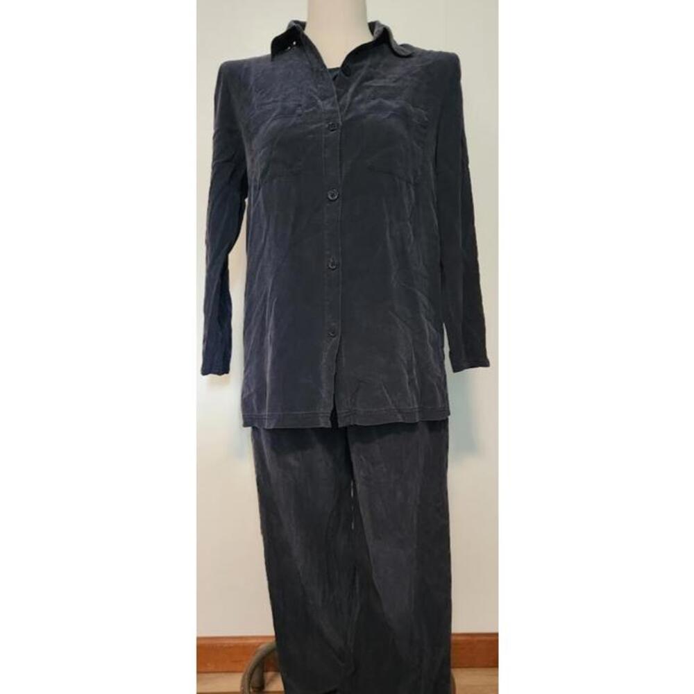 VTG Women 100% Silk Blue Grey 3-Pc Pant Suit Quiet Luxury Lagenlook Boho Sz 4